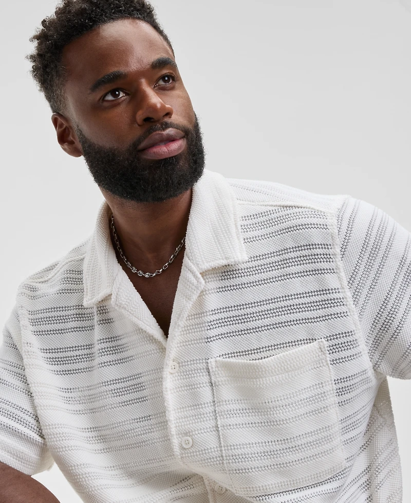 Mode of One Men's Relaxed Fit Short Sleeve Knit Button-Front Camp-Collar Sweater, Macy's Exclusive