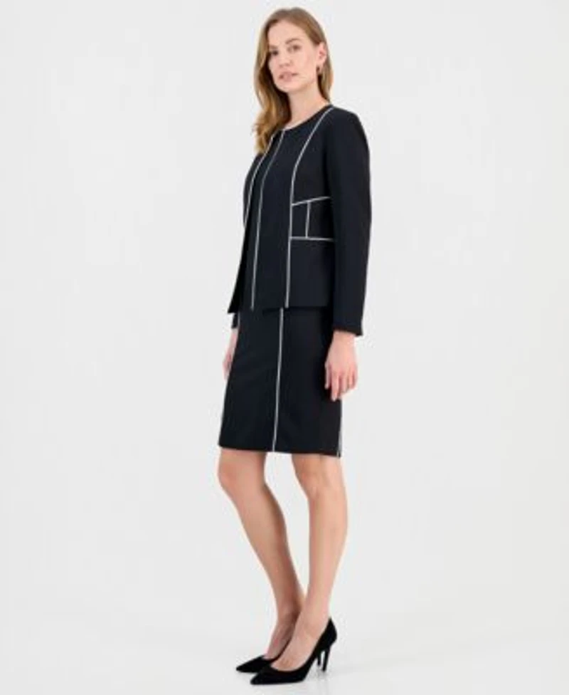 Kasper Womens Contrast Piping Open Front Jacket Stretch Crepe Contrast Piping Sheath Dress