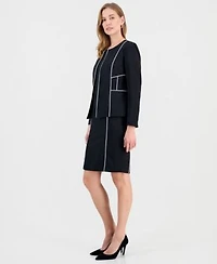 Kasper Womens Contrast Piping Open Front Jacket Stretch Crepe Contrast Piping Sheath Dress