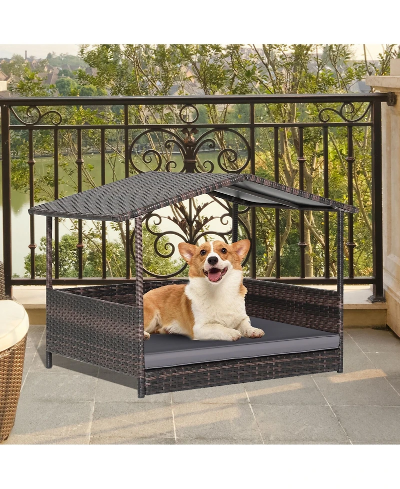 Gymax Wicker Dog House w/ Cushion Lounge Raised Rattan Bed for Indoor/Outdoo