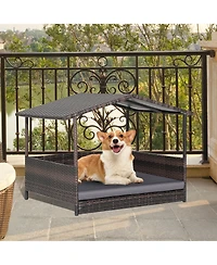 Gymax Wicker Dog House w/ Cushion Lounge Raised Rattan Bed for Indoor/Outdoo