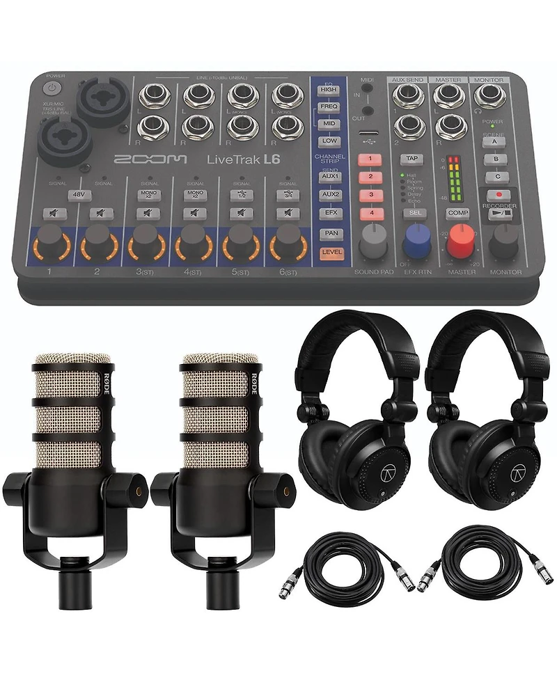 Zoom LiveTrak L6 10-Track Compact and Portable Digital Mixer/Recorder, Bundle with 2x PodMic Microphone, 2x TAPH100 Monitor Headphones, 2x 25'