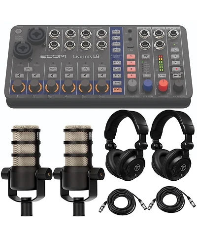 Zoom LiveTrak L6 10-Track Compact and Portable Digital Mixer/Recorder, Bundle with 2x PodMic Microphone, 2x TAPH100 Monitor Headphones, 2x 25'