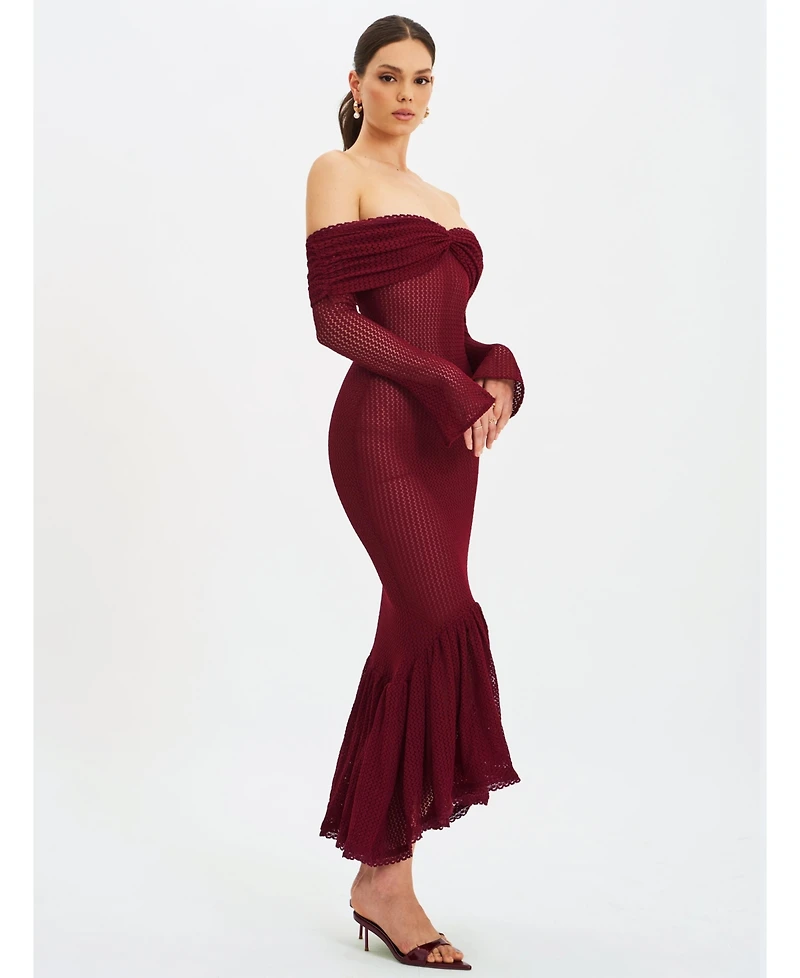 Miss Circle Women Kaedyn Burgundy Off Shoulder Long Sleeve Crochet Mermaid Maxi Dress