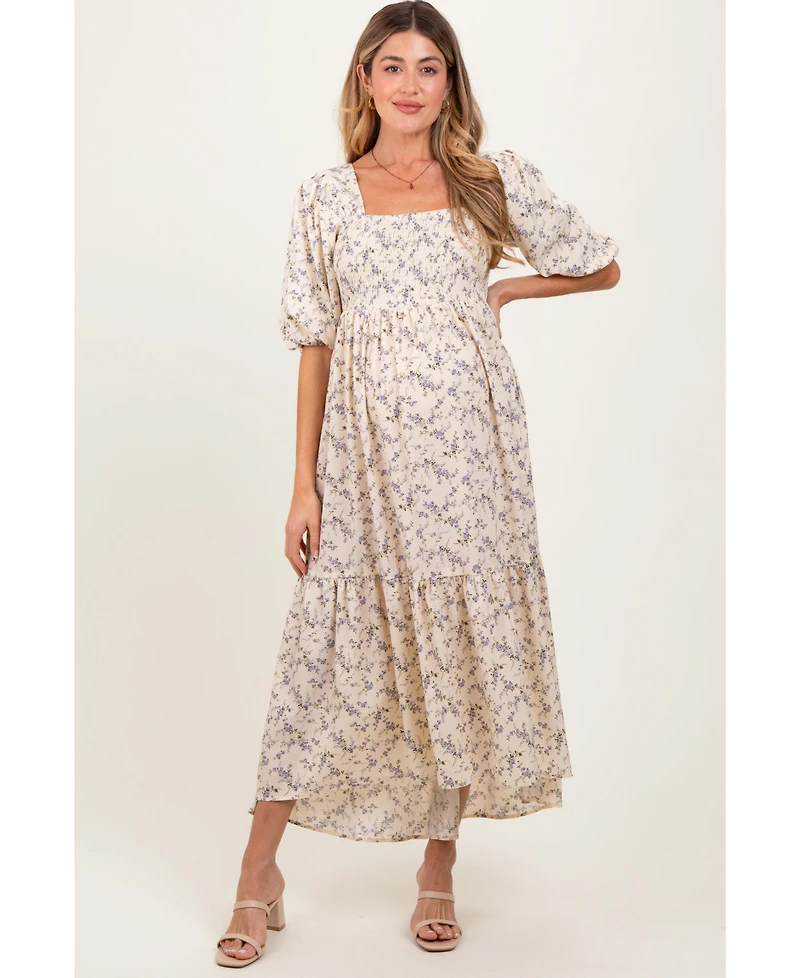 Pinkblush Maternity Ivory Floral Smocked Hi-Low Puff Sleeve Maxi Dress