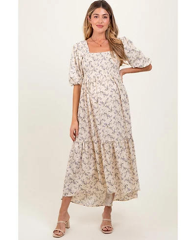 Pinkblush Maternity Ivory Floral Smocked Hi-Low Puff Sleeve Maxi Dress
