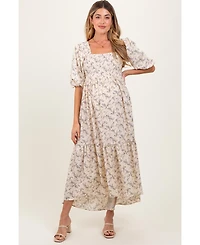 Pinkblush Maternity Ivory Floral Smocked Hi-Low Puff Sleeve Maxi Dress