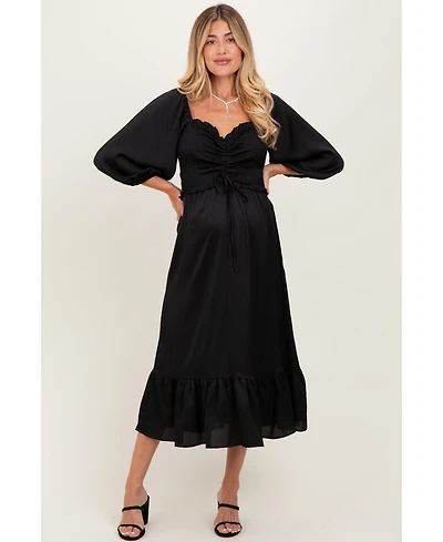 Pinkblush Maternity Black Satin Smocked Cinched Bust Midi Dress