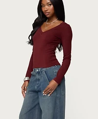 Edikted Women's Larna V Neck Ribbed T Shirt