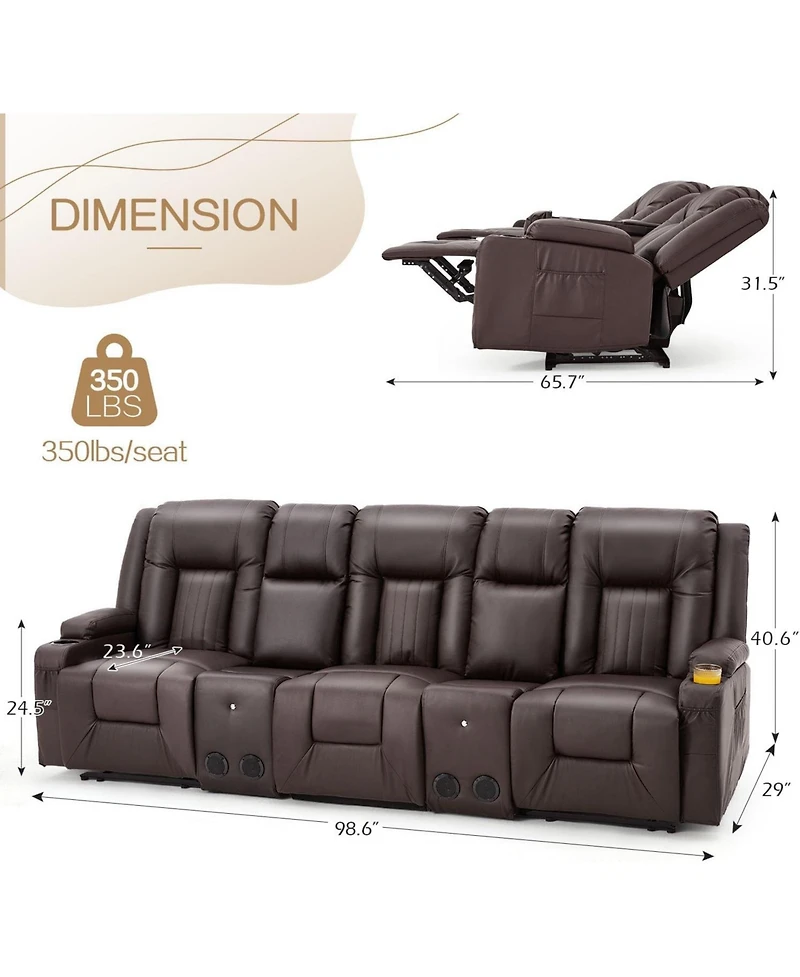 Aecojoy 3 Seater Recliner Sofa with 2 Console&Bluetooth Speakers