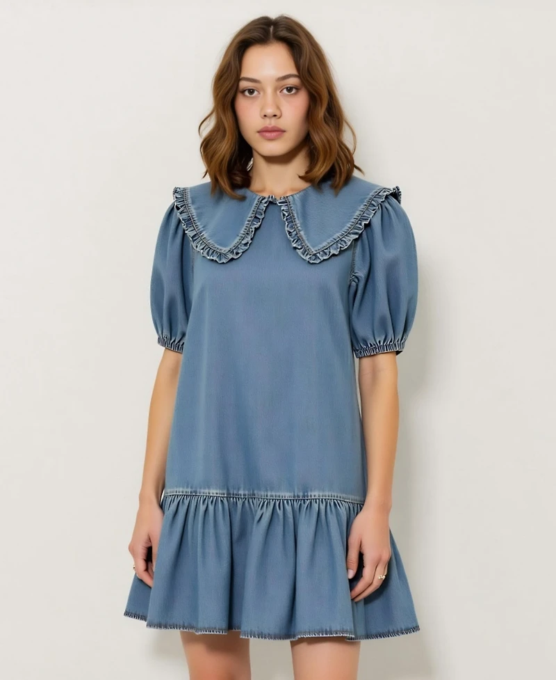 Modenaire Women's Ruffled Collar Short Dress with Puff Sleeves and Tiered Hem