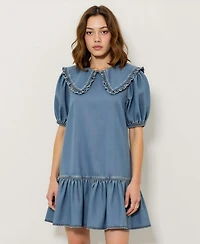Modenaire Women's Ruffled Collar Short Dress with Puff Sleeves and Tiered Hem