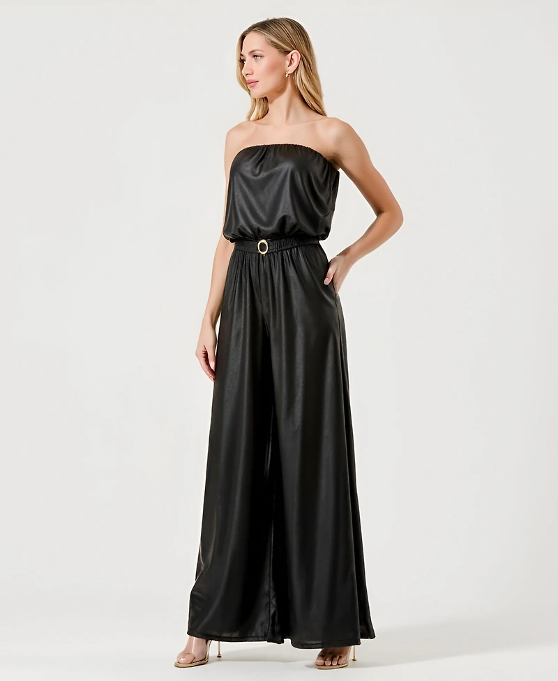Modenaire Women's Strapless Satin Belted Jumpsuit