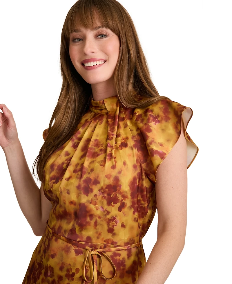 London Times Women's Mock Neck Flutter Sleeves Dress