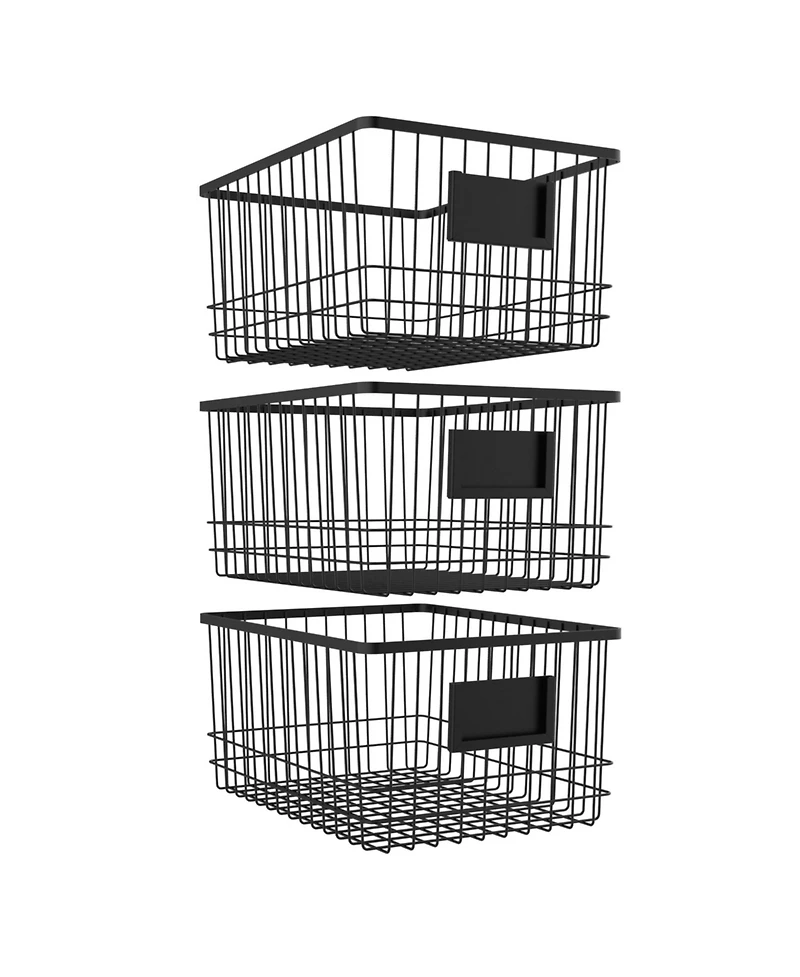 Oceanstar Metal Wire Organizer Bin Basket with Card Holder, Set of 3, Black