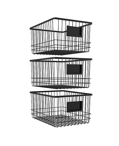 Oceanstar Metal Wire Organizer Bin Basket with Card Holder, Set of 3, Black