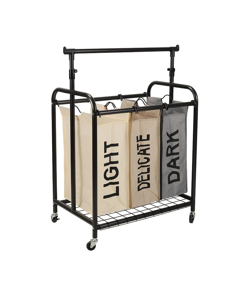 Oceanstar 3-Bag Rolling Laundry Sorter with Adjustable Hanging Bar