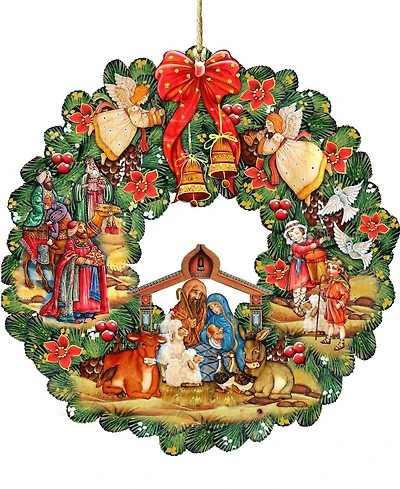 Designocracy Nativity Wreath Wooden Ornament
