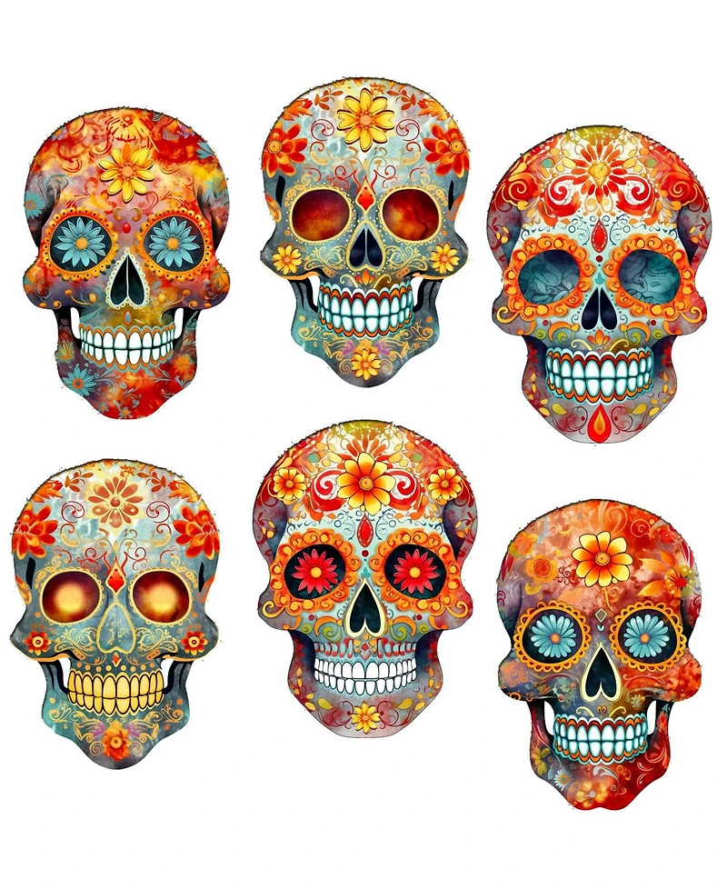 Designocracy Sugar Skulls Wood Clip-on Ornaments, Set of 6