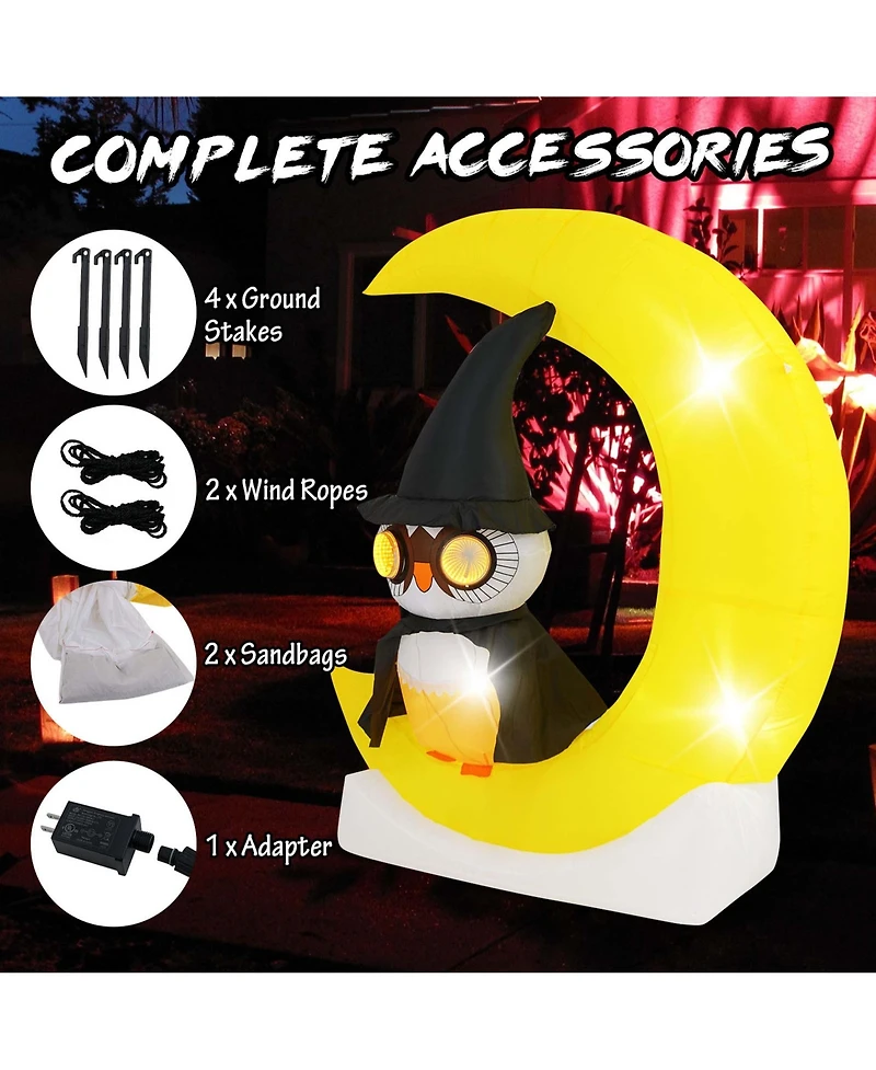 4.3 x 5.1 ft Inflatable Owl on Moon Led Lighted Halloween Decoration w/ Large Moon & Wizard Owl w/ Stakes & Sandbags