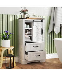 Gymax Farmhouse Bathroom Floor Cabinet w/Sliding Door Adjustable Shelves & 2 Drawers
