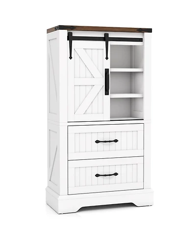 Gymax Farmhouse Bathroom Floor Cabinet w/Sliding Door Adjustable Shelves & 2 Drawers