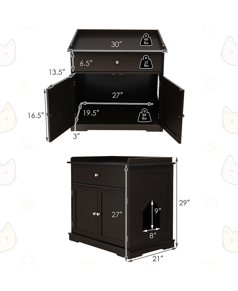 Gymax Wooden Cat Litter Box Enclosure w/ Drawer Side Table Furniture