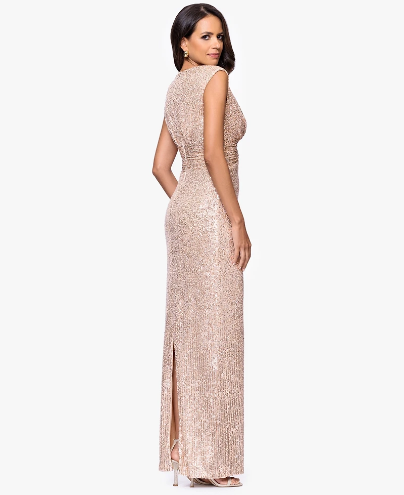 Betsy & Adam Petite Sequin Long Sheath Gown