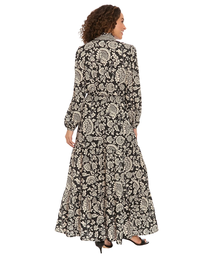 London Times Women's Ruffle Neck Smocked Waist Dress
