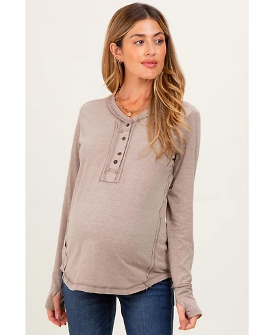 Pinkblush Maternity Heather Mocha Long Sleeve Exposed Seam Top