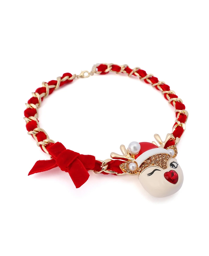 Betsey Johnson Faux Stone Santa Baby Reindeer Bow Pendant Necklace