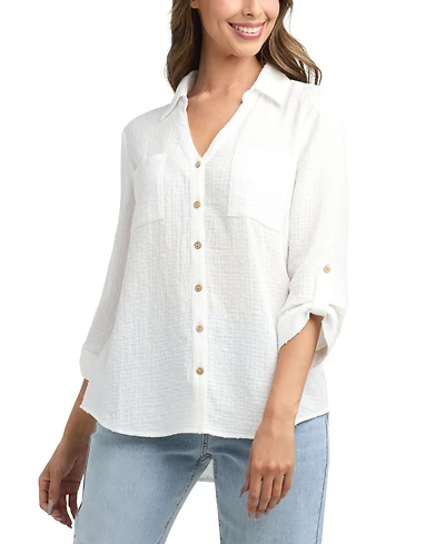 Bcx Women's Resort Collared Two Pocket Button Up Shirt