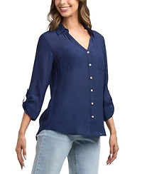 Bcx Women's Resort Gauzy Texture Collared Button Up Shirt