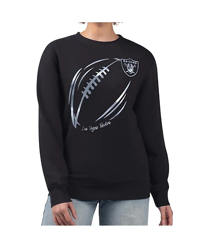 G-iii 4Her by Carl Banks Women's Black/Silver Las Vegas Raiders Metallic Print Football Sketch Fleece Crewneck Sweatshirt