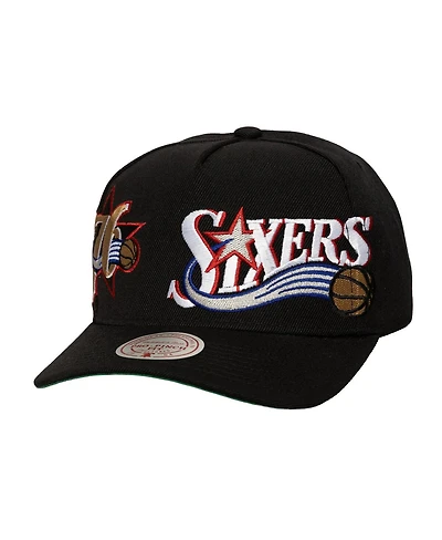 Mitchell & Ness Men's Black Philadelphia 76ers Busted Logo Wordmark Wrap-Around Pro Pinch Adjustable Hat