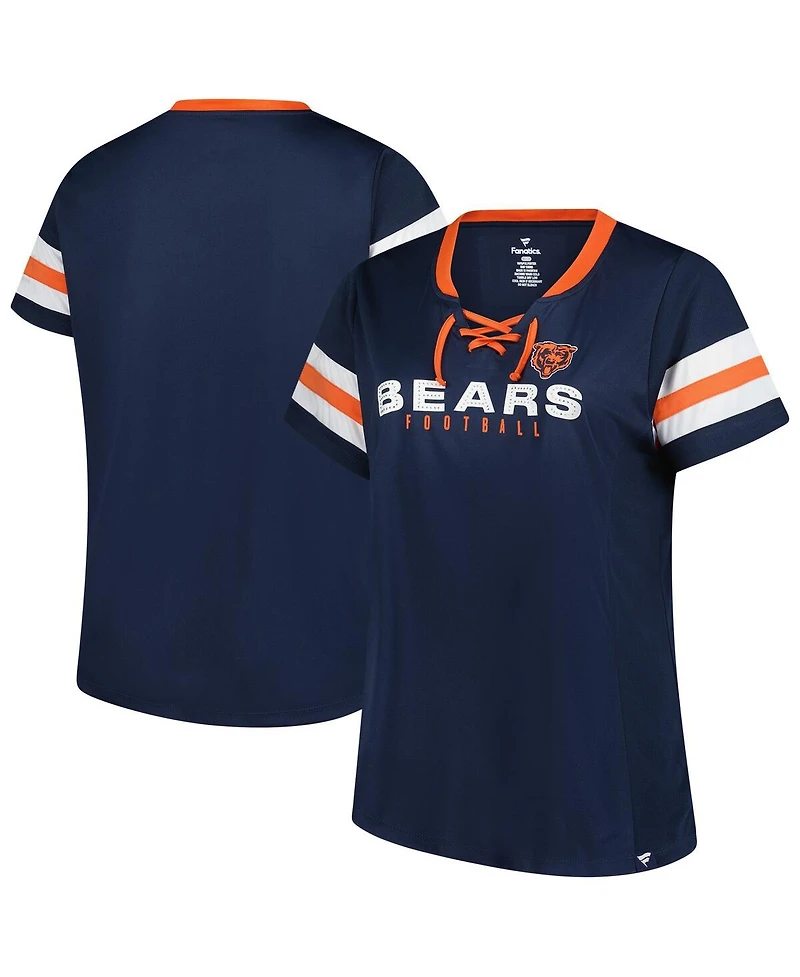 Fanatics Women's Navy Chicago Bears Plus Rhinestone Redzone Athena Lace-Up Notch Neck T-Shirt