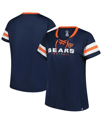 Fanatics Women's Navy Chicago Bears Plus Rhinestone Redzone Athena Lace-Up Notch Neck T-Shirt