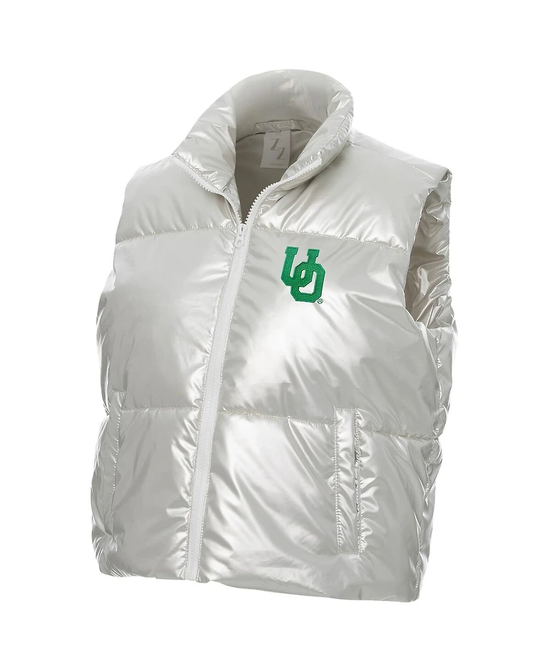 ZooZatz Women's Silver Oregon Ducks Metallic Cropped Full-Zip Sleeveless Puffer Vest