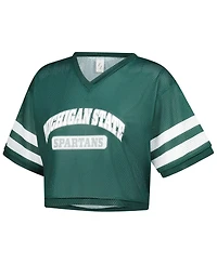 ZooZatz Women's Green Michigan State Spartans V-Neck Mesh Cropped T-Shirt