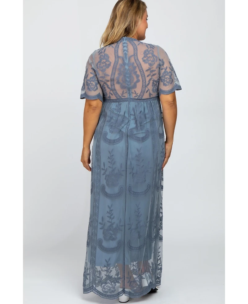 Pinkblush Plus Size Blue Lace Mesh Overlay Maxi Dress
