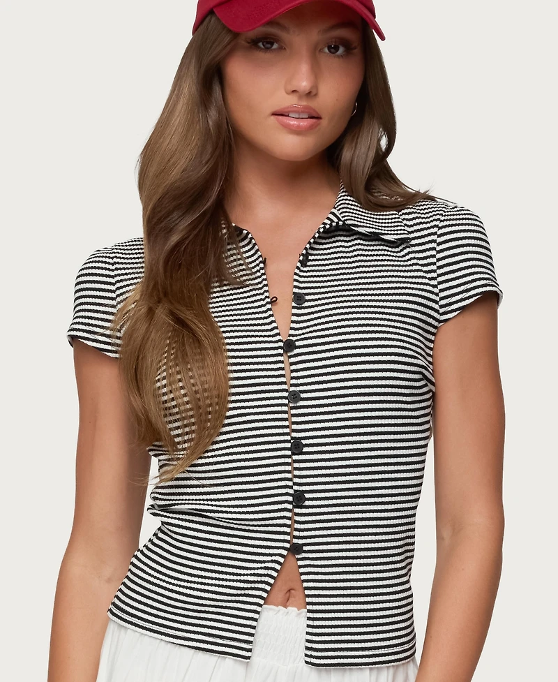 Edikted Women's Beau Striped Ribbed Button Up Top
