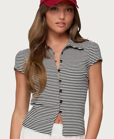 Edikted Women's Beau Striped Ribbed Button Up Top