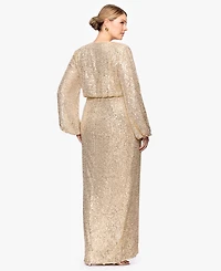 Betsy & Adam Plus Sequin V-Neck Long Bell Sleeves Dress