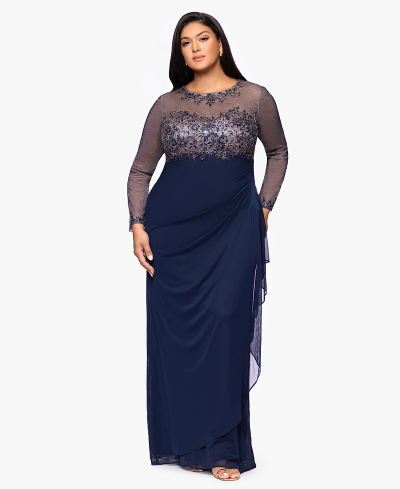 Xscape Plus Embroidered Long Sleeves Dress
