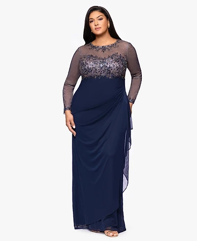 Xscape Plus Embroidered Long Sleeves Dress