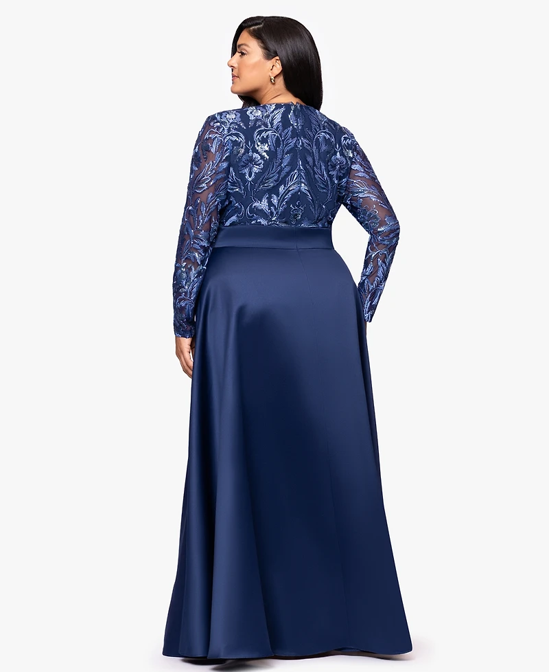 Xscape Plus Sequin Mesh Detail Long Sleeves Dress