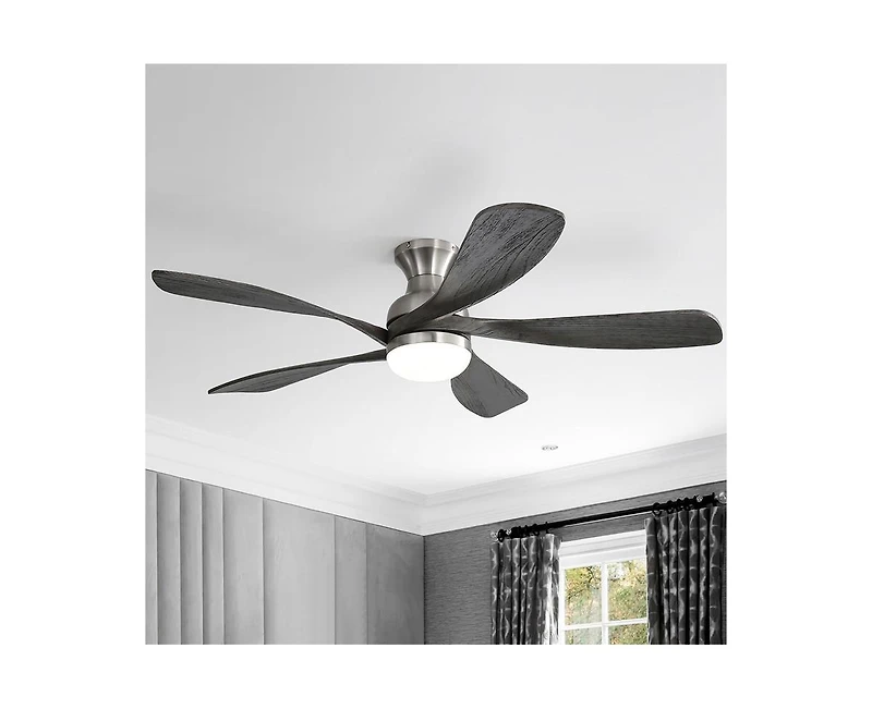 52-inch Modern Minimalist Sand Nickel 5-Blade Flush Mount with Led Light Remote Control Supports 6 Speeds and Timer Function