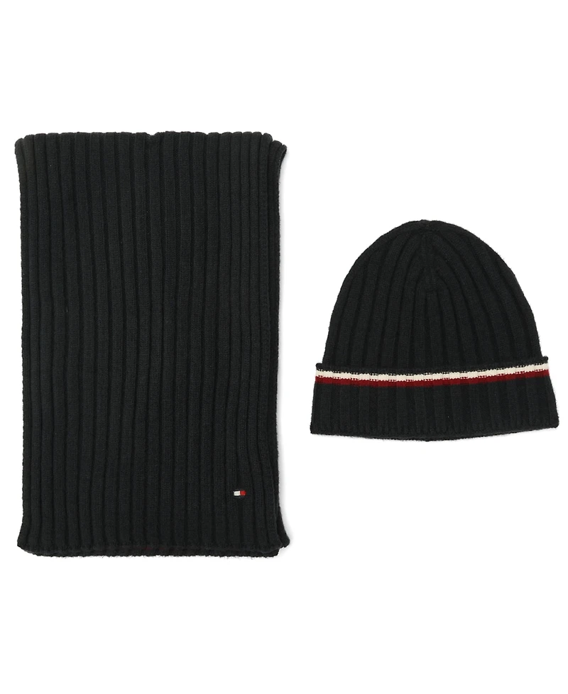 Tommy Hilfiger Men's 2-Piece Wide Rib Global Stripe Cuff Beanie and Scarf Set