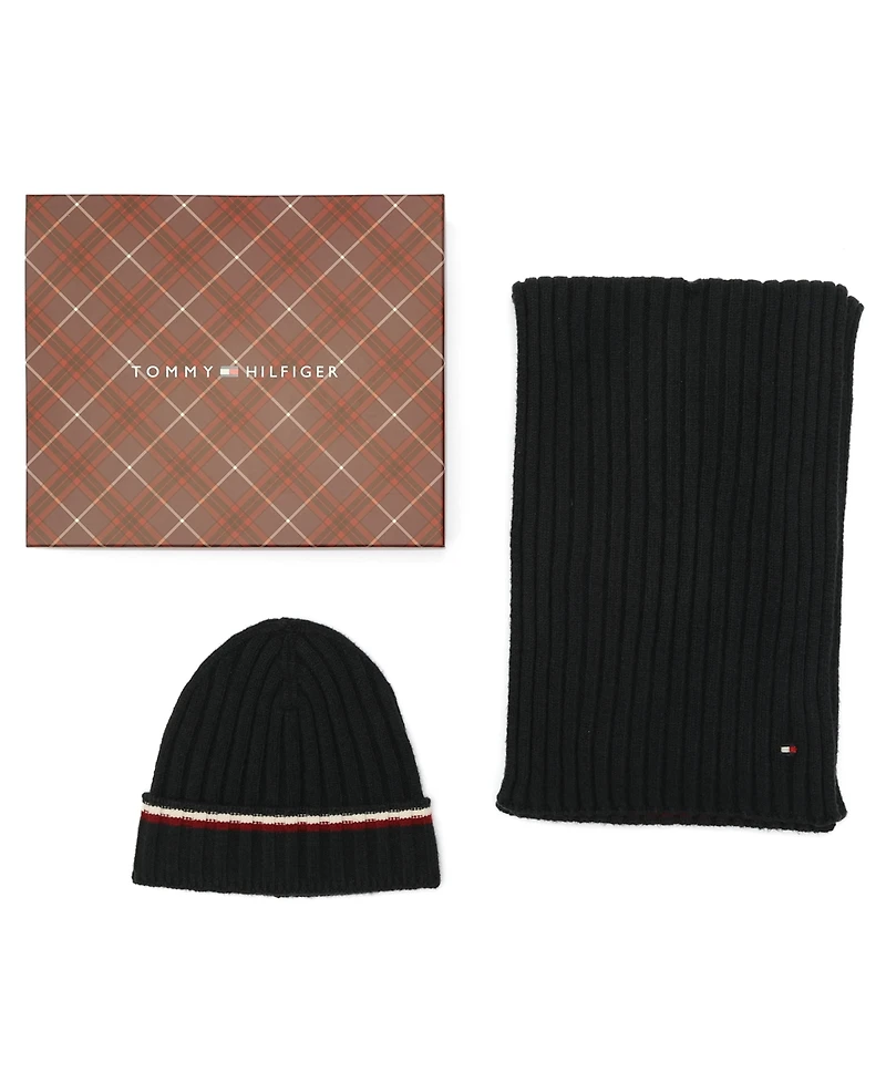 Tommy Hilfiger Men's 2-Piece Wide Rib Global Stripe Cuff Beanie and Scarf Set