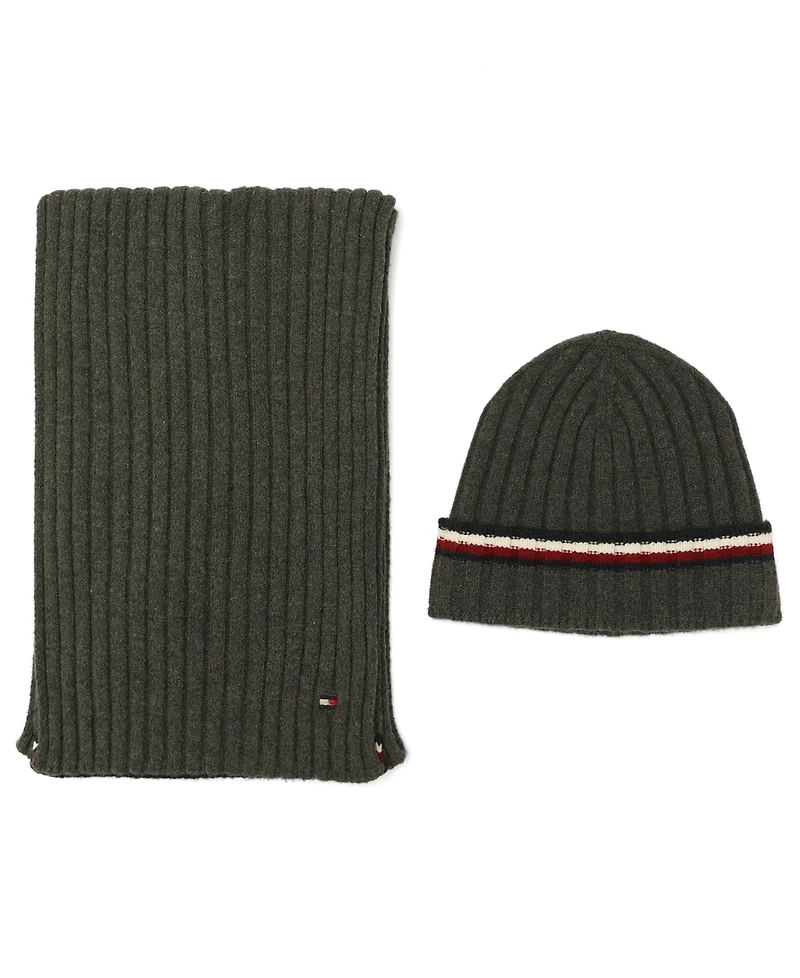 Tommy Hilfiger Men's 2-Piece Wide Rib Global Stripe Cuff Beanie and Scarf Set